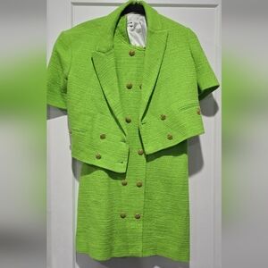 Zara neon green mini dress with blazer.